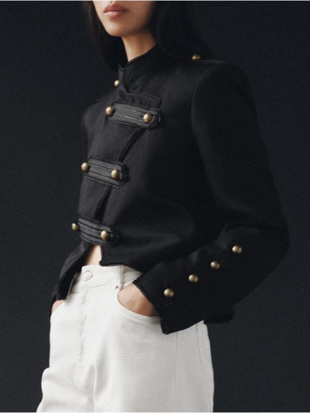 Zara NWT ZW COLLECTION cotton linen blend Black Military blazer gold Buttons - Picture 4 of 14